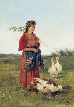 ロシア Painting - ガチョウを持つ少女 1875年 ウラジーミル・マコフスキー ロシア
